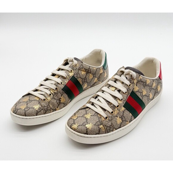 Gucci Ace Beige GG Monogram Bee Canvas Lace Up Low Top Sneaker EU 39 US 9 - Picture 3 of 12